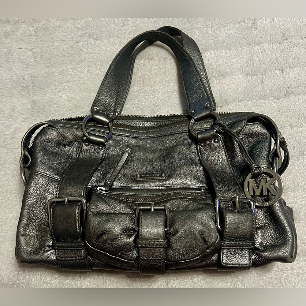 Michael Kors Pewter Leather Shoulder Handbag with Buckle Design